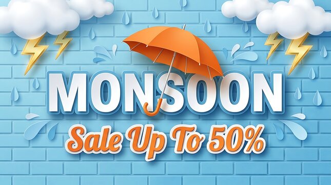 Monsoon sale banner with orange umbrella, rain clouds and lightning on blue wall