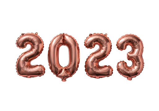 Golden foil balloons spelling two thousand twenty three isolated on transparent background