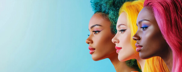 Fototapeta premium Trio of Women with Bold, Colorful Hairstyles Against Blue Background