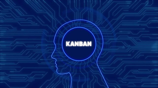 Kanban methodology concept: digital human head silhouette with circuit board background