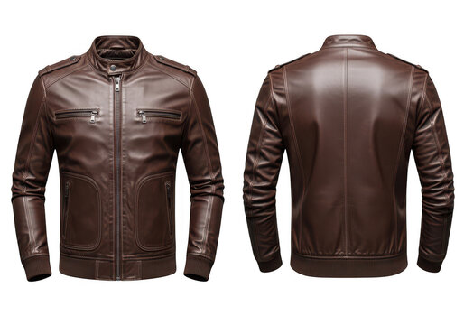 Brown leather jacket front and back view isolated on transparent background