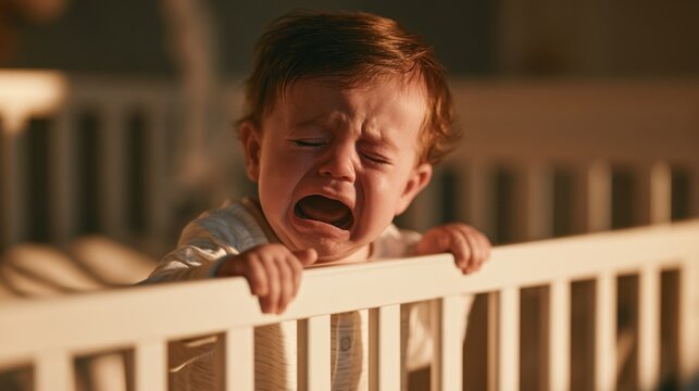 Upset toddler crying while standing and holding onto crib rail inside dimly lit nursery during golden hour with emotional distress expression