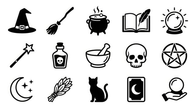 Set of black and white hand drawn magic and witchcraft icons featuring occult symbols and mystical ritual items