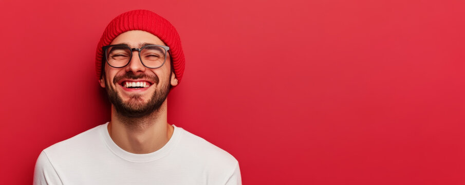 Happy man with red beanie and glasses against colorful wall