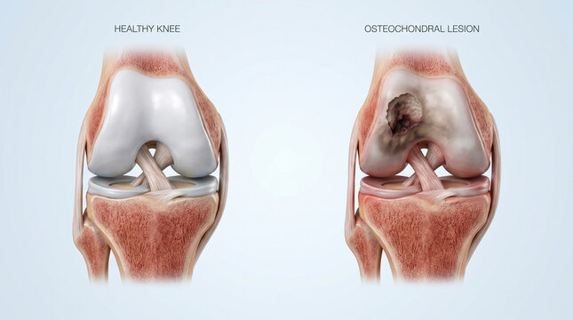 Anterior View of Knee Joint Osteochondral Lesion and Healthy Anatomy
