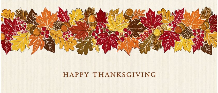 Rustic Happy Thanksgiving Card Featuring Hand Drawn Autumn Foliage Border with Acorns Pinecones and Berries on Textured Vintage Paper Background