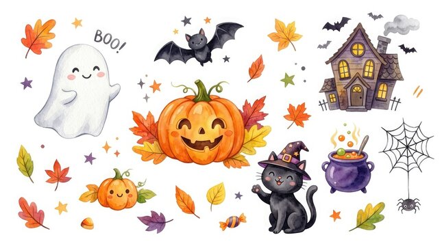 Watercolor halloween elements set featuring cute ghost pumpkin jack o lantern black cat bat and haunted house