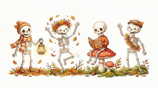 Cute watercolor illustration of four happy skeletons playing in the autumn leaves with mushrooms and lanterns