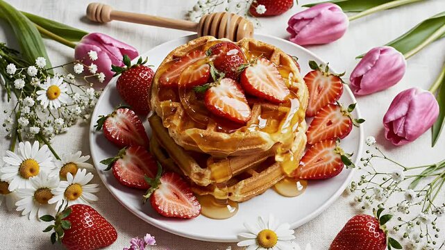Stacked golden waffles topped with fresh strawberries and drizzled with honey