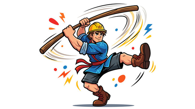 Construction worker practicing martial arts with a stick, dynamic action pose.