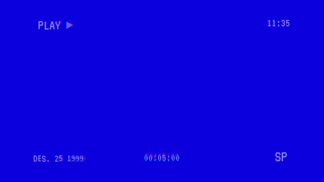 Retro vhs blue screen background with glitch distortion effects and playback overlay, 4k vhs play video