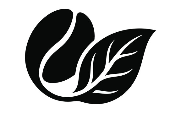 Minimalist black and white icon featuring a coffee bean combined with a natural green leaf shape