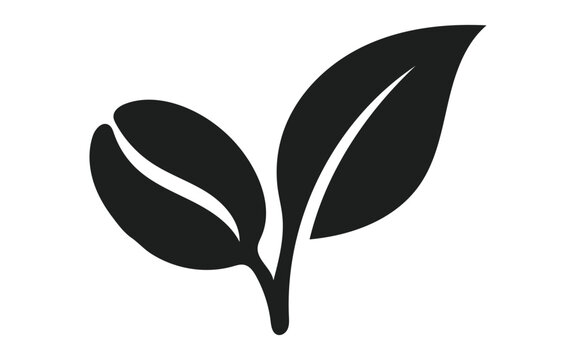 Minimalist black icon featuring a coffee bean combined with a green leaf for organic coffee branding