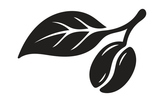 Minimalist black coffee bean icon with a single leaf on a branch 