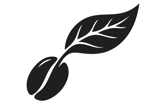 Minimalist black silhouette icon of a single coffee bean sprouting a fresh green leaf 