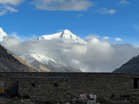 Mount Everest among the clouds in the Mount Everest National Reserve, Qomolangma Nature Reserve,Tibet, China