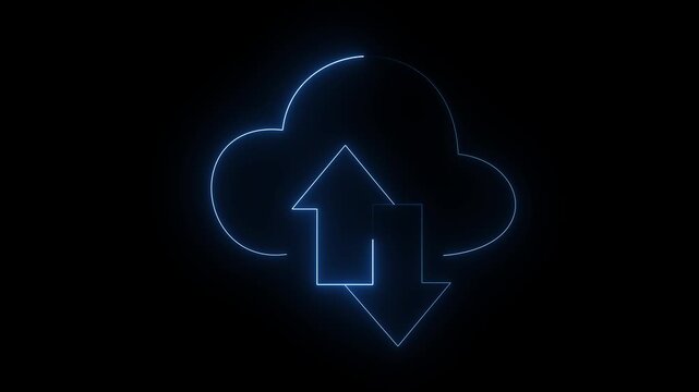Neon digital cloud icon, data transfer animation Glowing neon cloud storage with arrows, looped animation. Cloud space technology, data backup, file repository 4k icon Animation.