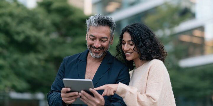 Mature couple using a tablet outdoors in a park for lifestyle and financial planning background and digital consultation imagery