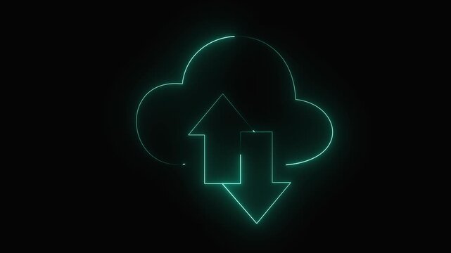 Neon digital cloud icon, data transfer animation Glowing neon cloud storage with arrows, looped animation. Cloud space technology, data backup, file repository 4k icon Animation.