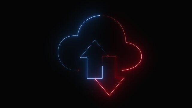 Neon digital cloud icon, data transfer animation Glowing neon cloud storage with arrows, looped animation. Cloud space technology, data backup, file repository 4k icon Animation.
