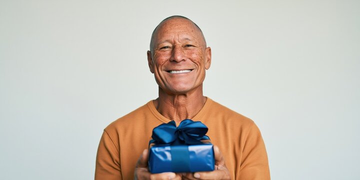 Senior man smiling and holding a blue wrapped gift for banner and background use in advertising and lifestyle designs