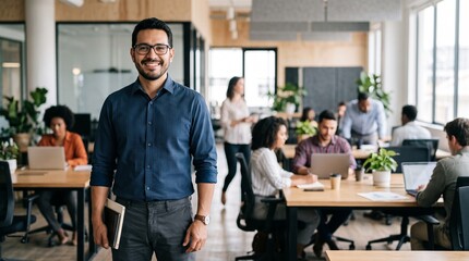 Fototapeta premium Man in blue shirt holding tablet in modern office with blurred colleagues