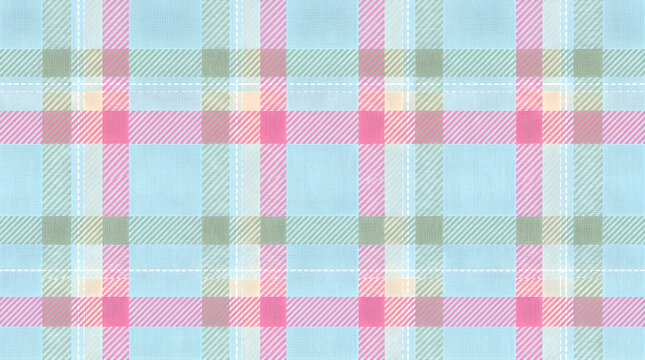 Soft pastel plaid pattern with light blue, pink, and green intersecting lines creating a cozy textile background.