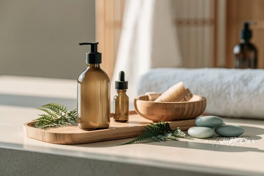 Minimal wooden spa arrangement with amber dispenser and soap stones for wellness background and skincare packaging design