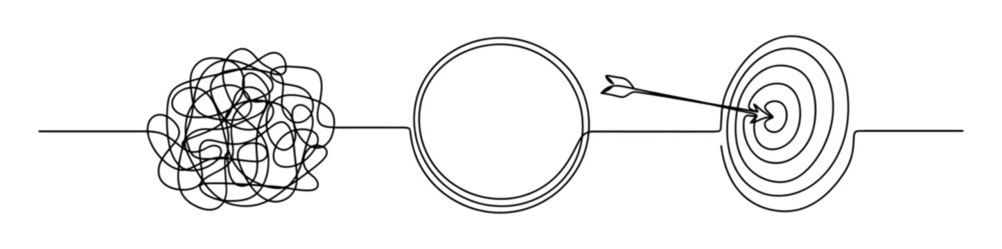 Single line of chaos transforming into a target with an arrow on transparent background