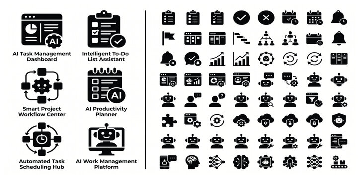 AI Chatbot Task Management Solid Black Silhouette Icon Pack with 60 Unique AI Productivity Workflow Vector Icons EPS