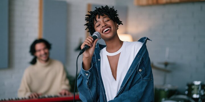 Smiling singer holding microphone in wide rehearsal studio with keyboardist for vocal practice banner and music background