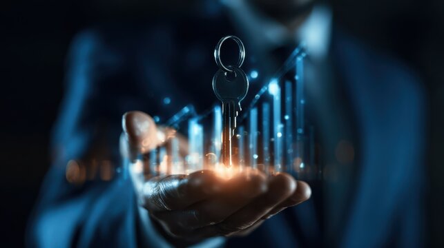 A glowing key hovers above an open hand with futuristic data charts, symbolizing security, access, and digital success.