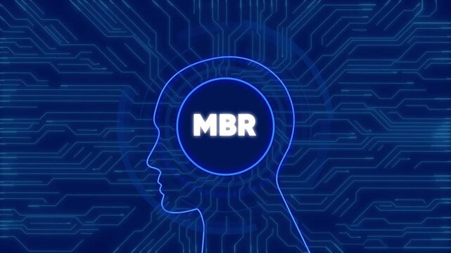 Mbr concept with digital human head silhouette and glowing circuit board background motion