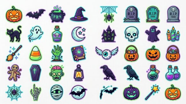 Collection of colorful halloween stickers featuring pumpkins ghosts bats skulls and various spooky holiday themed icons and illustrations