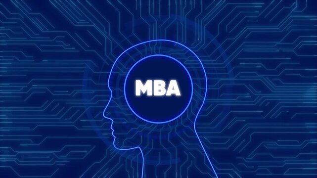 Mba degree concept with digital human head silhouette and glowing circuit board background