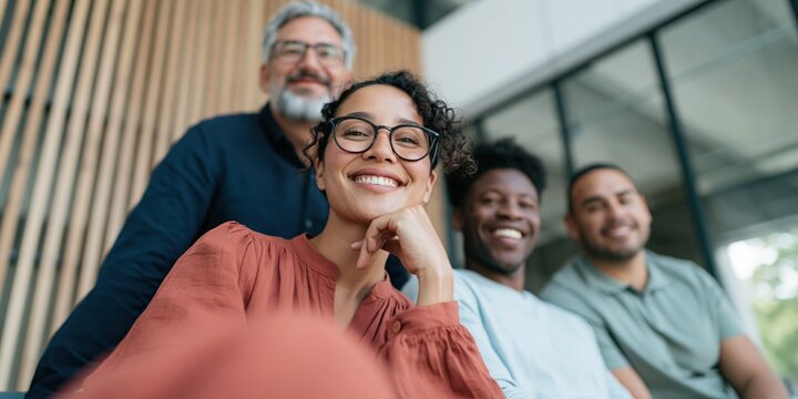 Young diverse colleagues group selfie portrait for company about page banner and team introduction