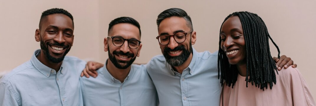 Four smiling coworkers group portrait with coordinated shirts and natural smiles for team page banner and corporate about section