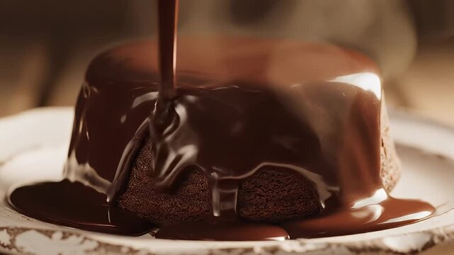 Chocolate lava cake with molten chocolate sauce pouring on top