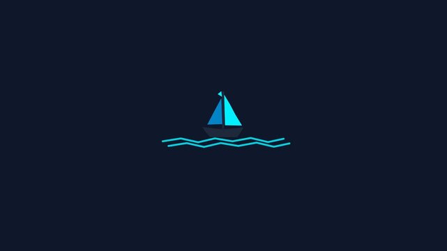 Minimalist Blue Sailboat Icon Animation Floating on Stylized Ocean Waves.