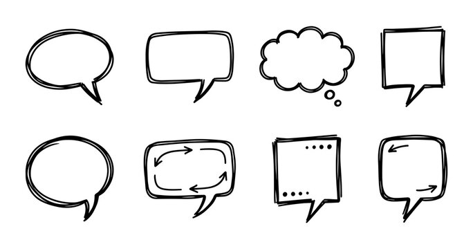 Set of hand drawn speech bubbles and thought clouds isolated on transparent background