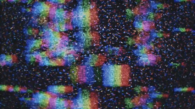 Abstract psychedelic static pattern with vibrant, blurred rainbow-like color bars and noise