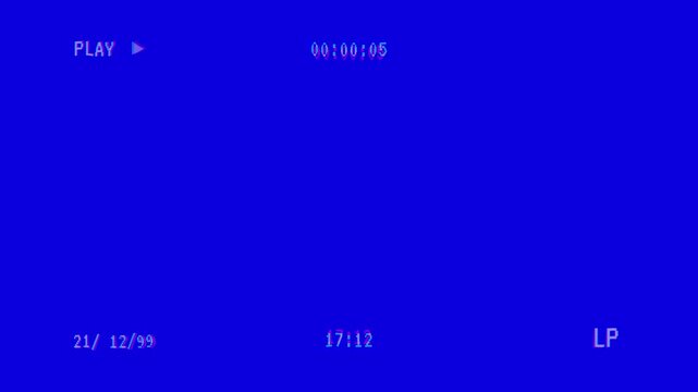 Retro vhs blue screen background with glitch distortion effects and playback overlay, 4k vhs play video