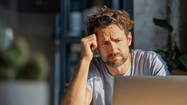 Stressed male remote worker in a casual gray T-shirt thinking over a laptop in a modern home office with dramatic natural sunlight