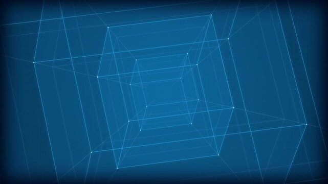 Digital Wireframe Cube: A 3D animated visualization of a glowing blue geometric hypercube with illuminated nodes and intersecting lines against a deep blue digital background