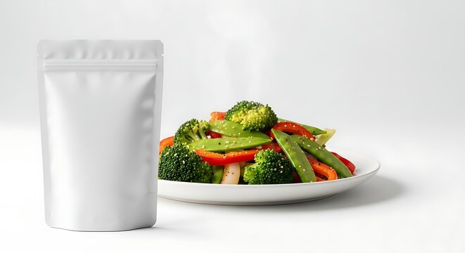 Blank Stand Up Pouch Mockup with Chinese Stir-Fried Mixed Vegetables