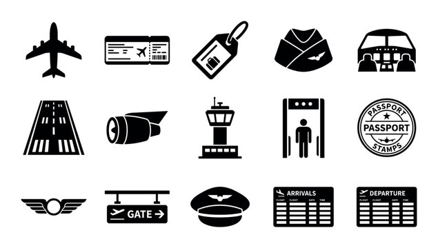 Travel and aviation vector icons with airplane, passport stamp and control tower for web interface in solid glyph style