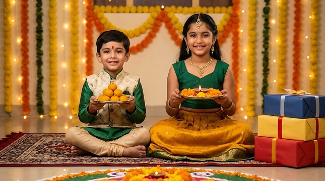 Indian children celebrating diwali festival with sweets and diya