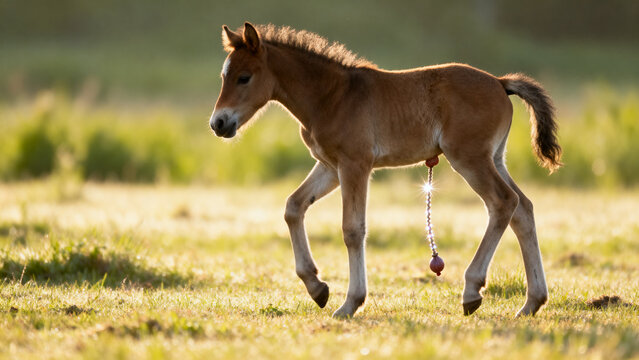 Newborn foal standing shakily on long legs with umbilical cord in grassy field.