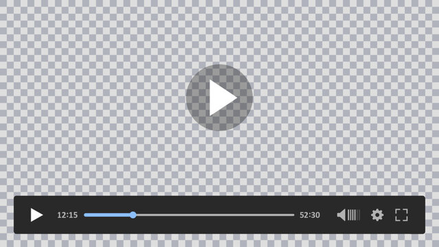 Multimedia video player mockup with transparent screen, play video window with navigation icons, timeline slider, settings and full screen, modern video player interface template
