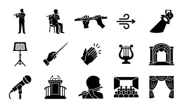 Music and performance vector icons with flute player, microphone and stage for presentation design in solid glyph style
